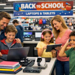 Parents and kids shopping in a store for back-to-school.