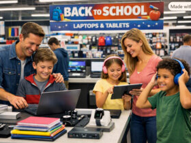 Parents and kids shopping in a store for back-to-school.
