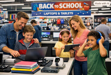 Parents and kids shopping in a store for back-to-school.