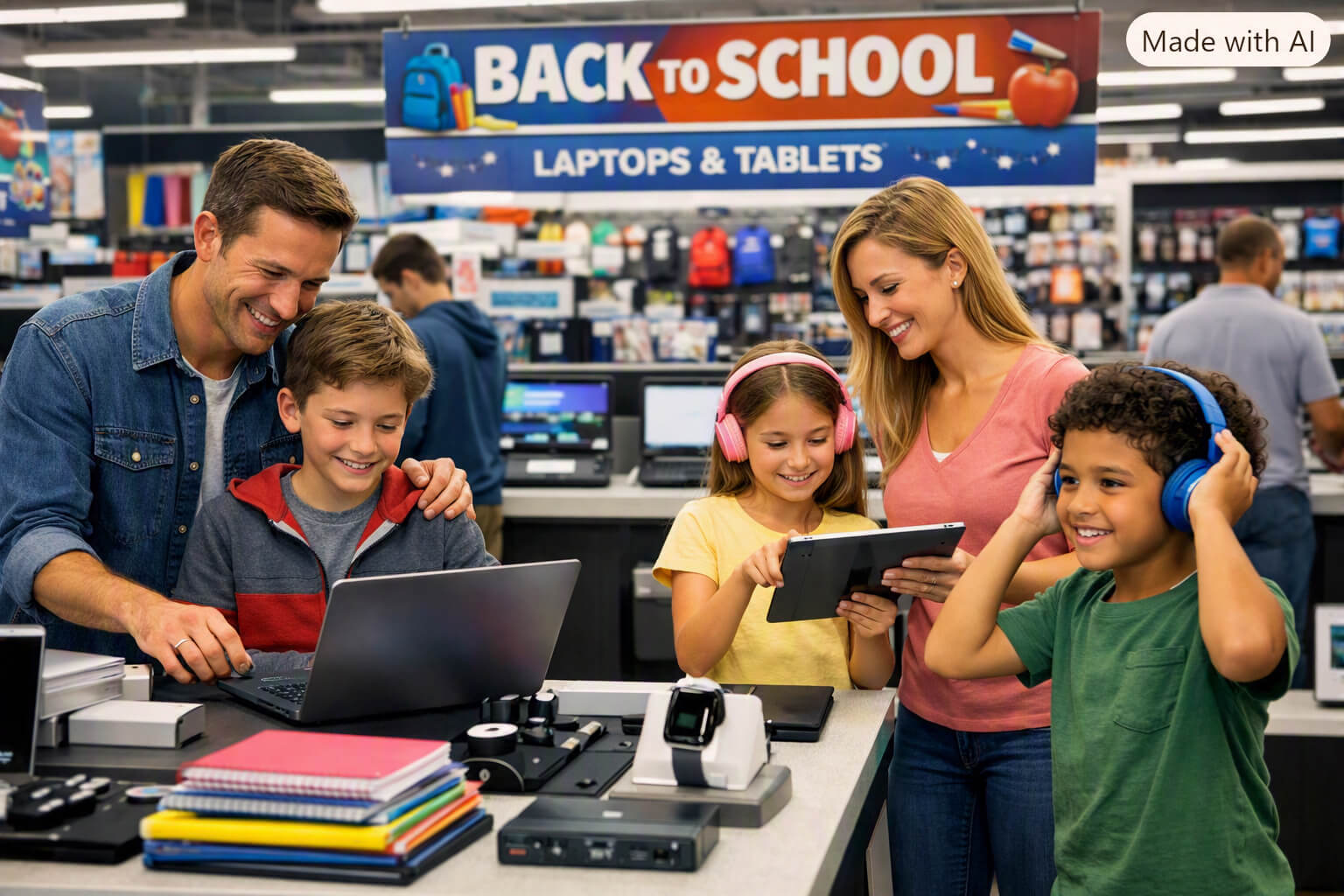 Parents and kids shopping in a store for back-to-school.