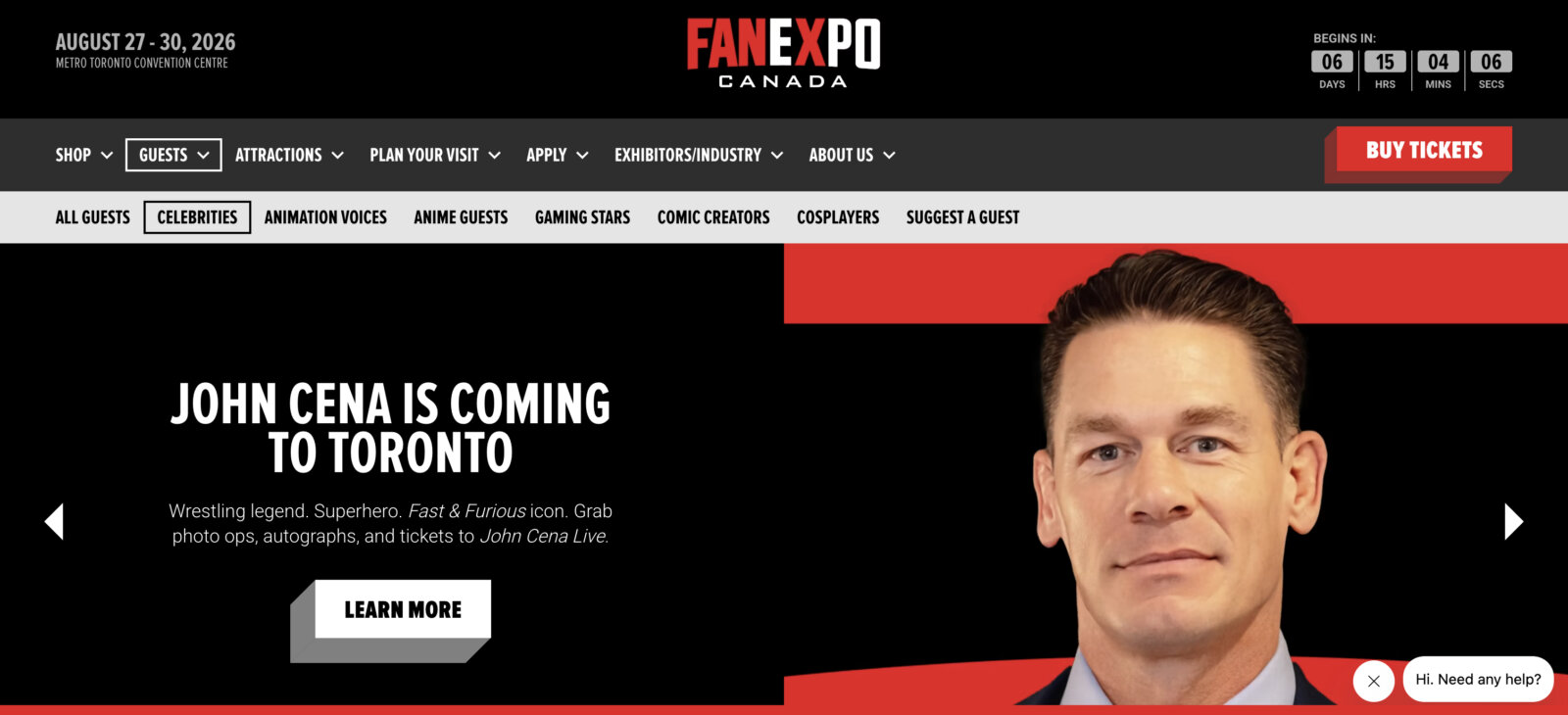 Fan Expo promo page showing John Cena