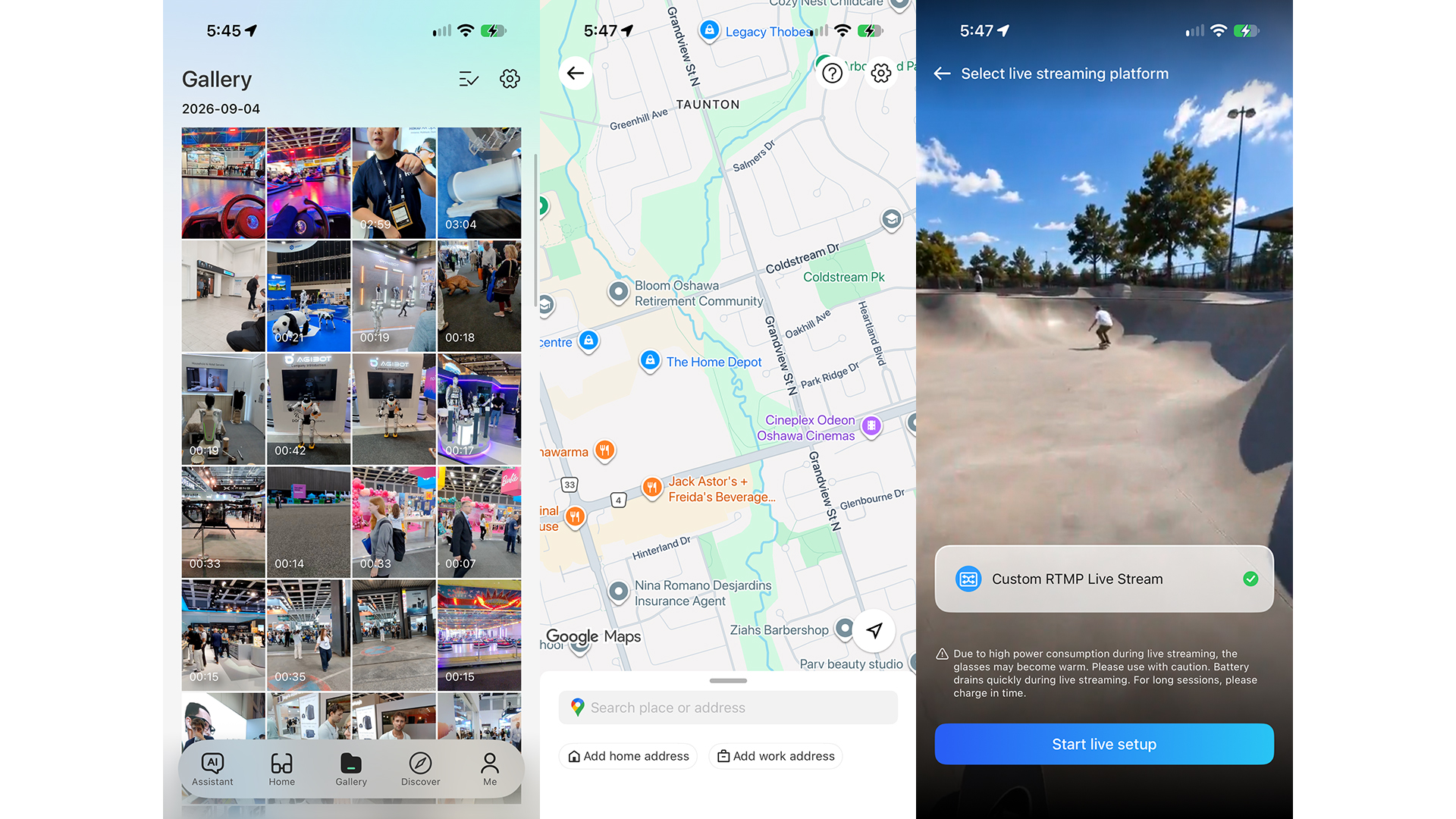 Three Rokid app screenshots showing image gallery, navigation, livestreaming.