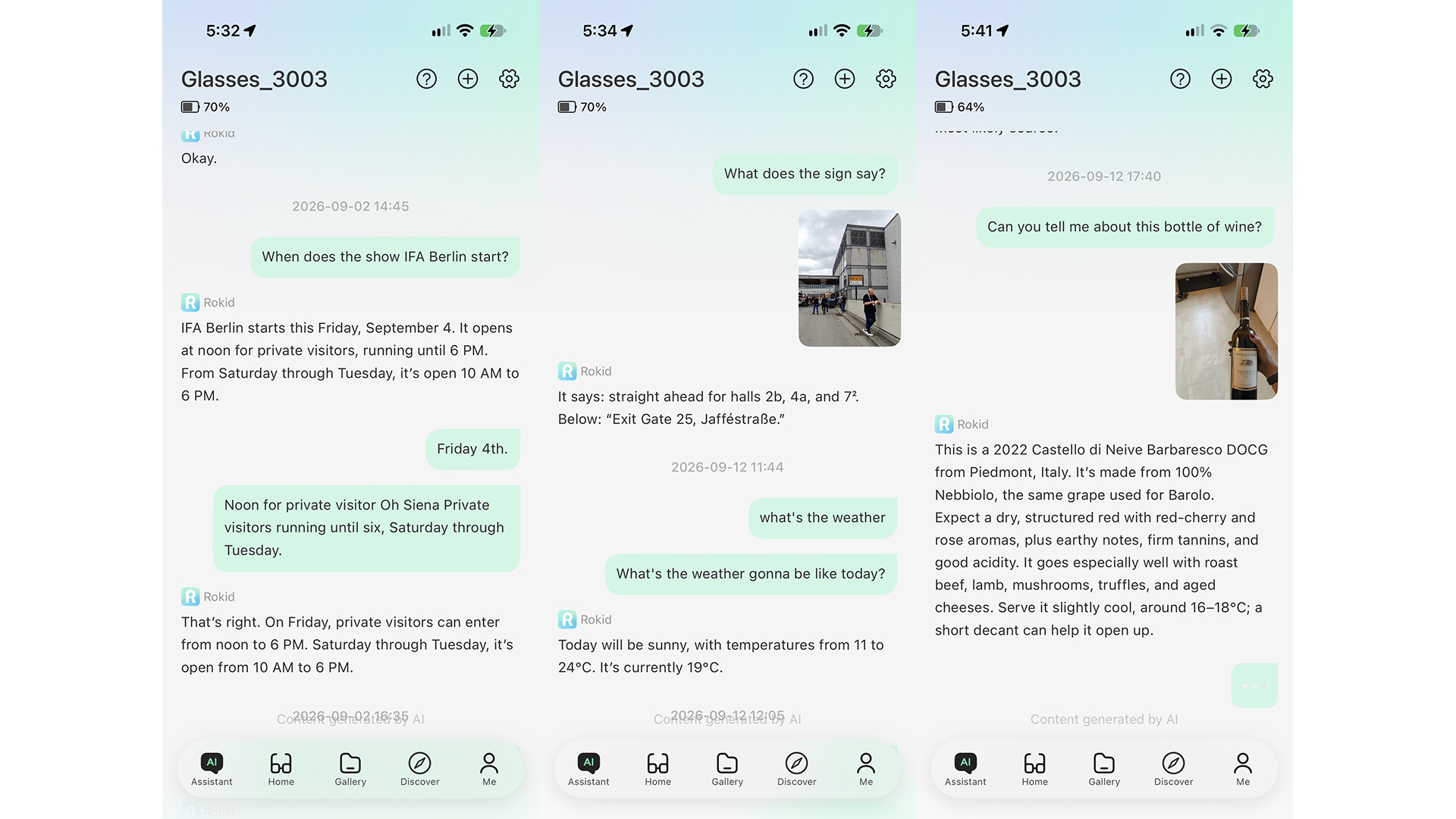 Three app screenshots from the Rokid glasses showing the AI assistant