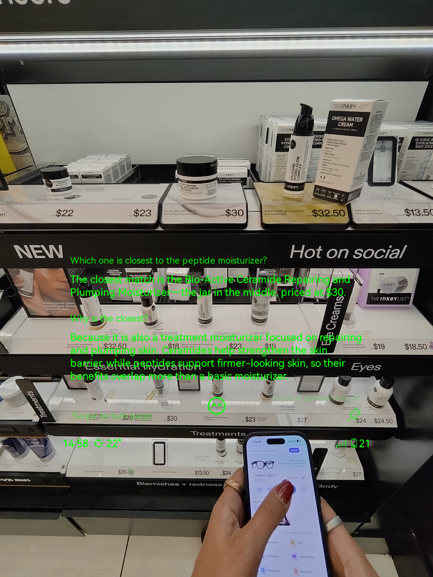 An image from the Rokid smart glasses in a store with shopping advice.