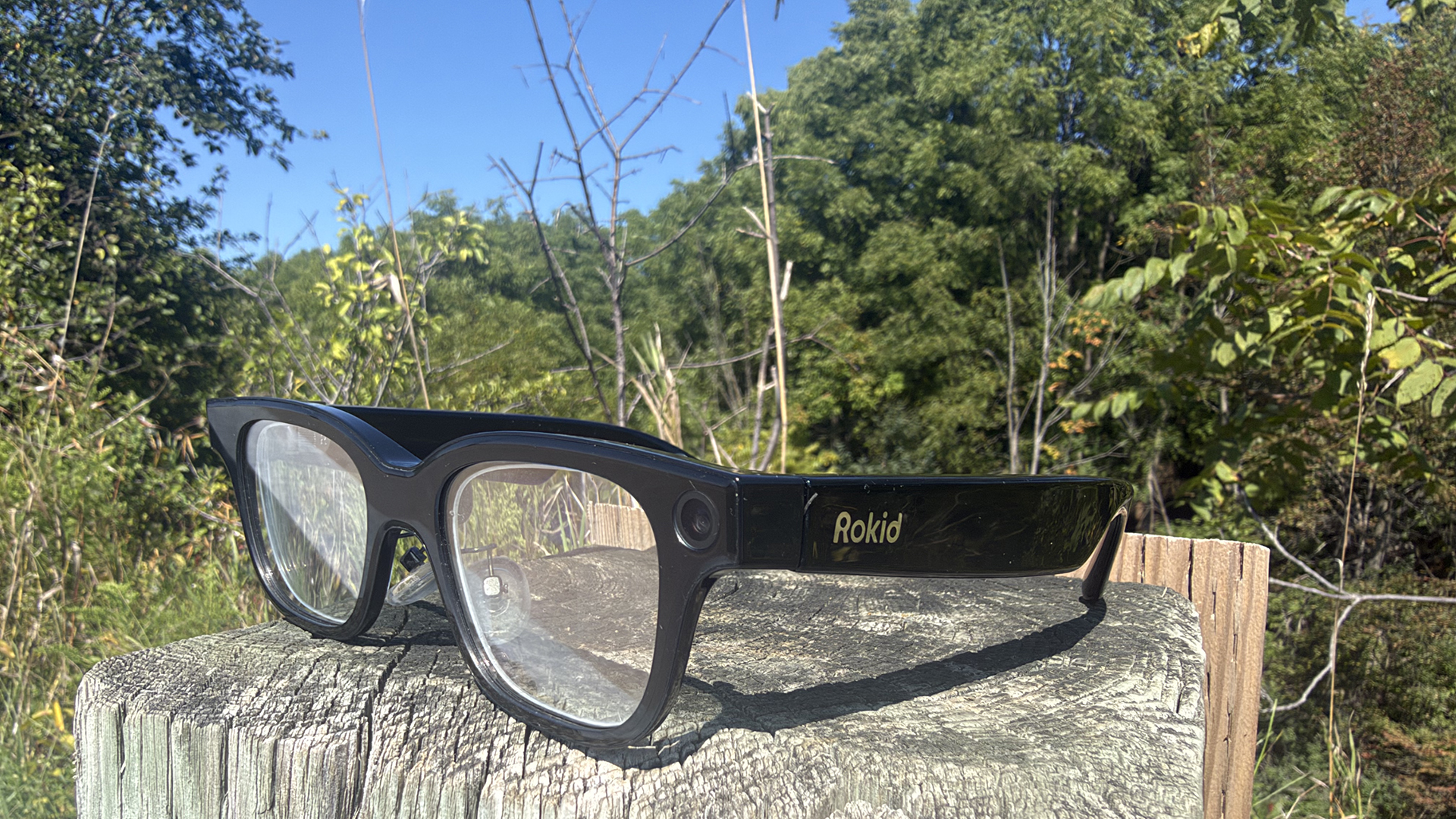 Rokid smart glasses on a tree trunk outside. 