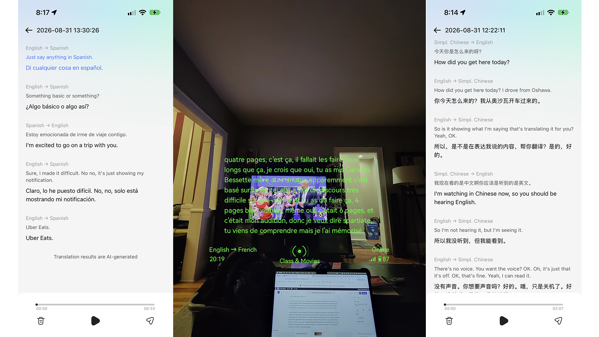 Three screenshots showing translations with the Rokid glasses.