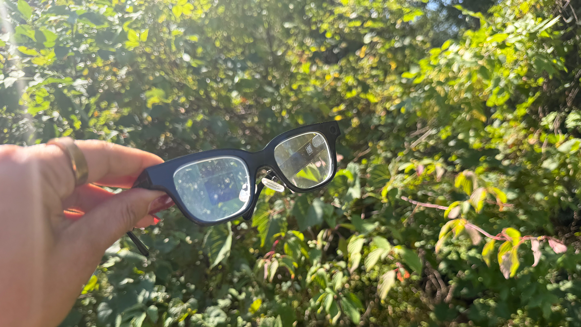 Rokid smart glasses in hand in front of foliage.
