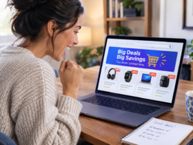 A woman sitting at her computer looking at deals and getting excited.