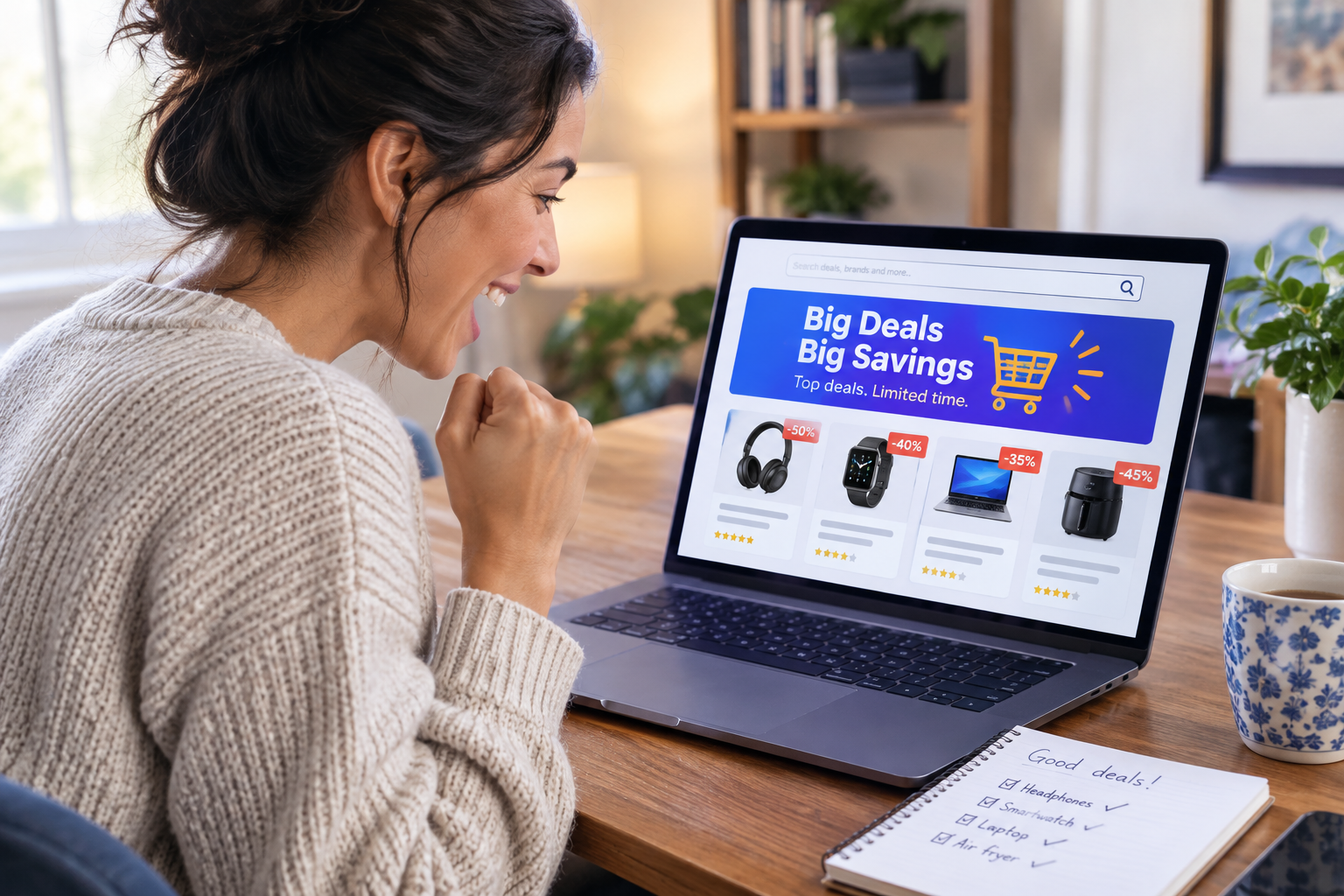A woman sitting at her computer looking at deals and getting excited.