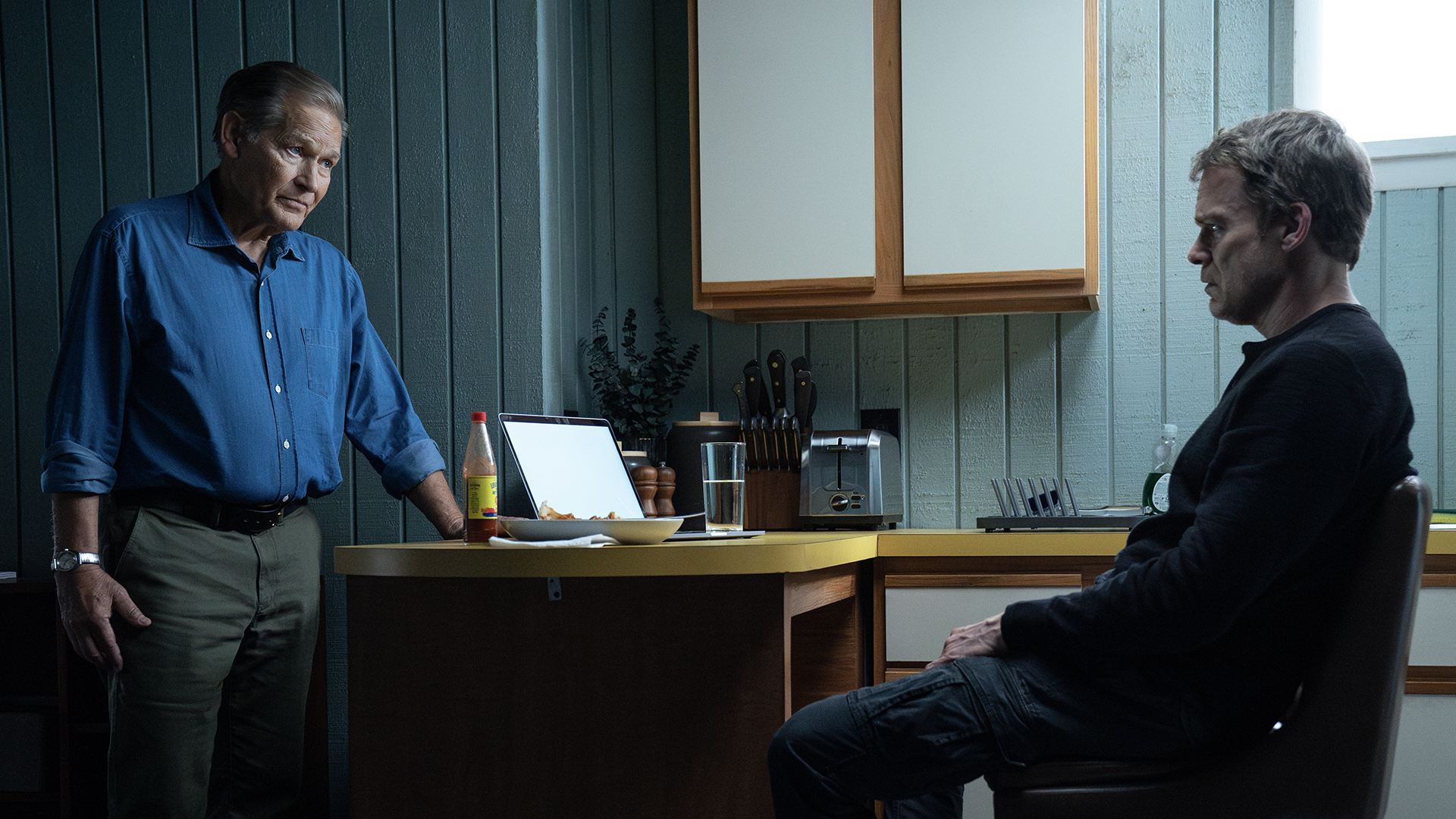 Dexter talking to Harry in his kitchen in Dexter: Resurrection.