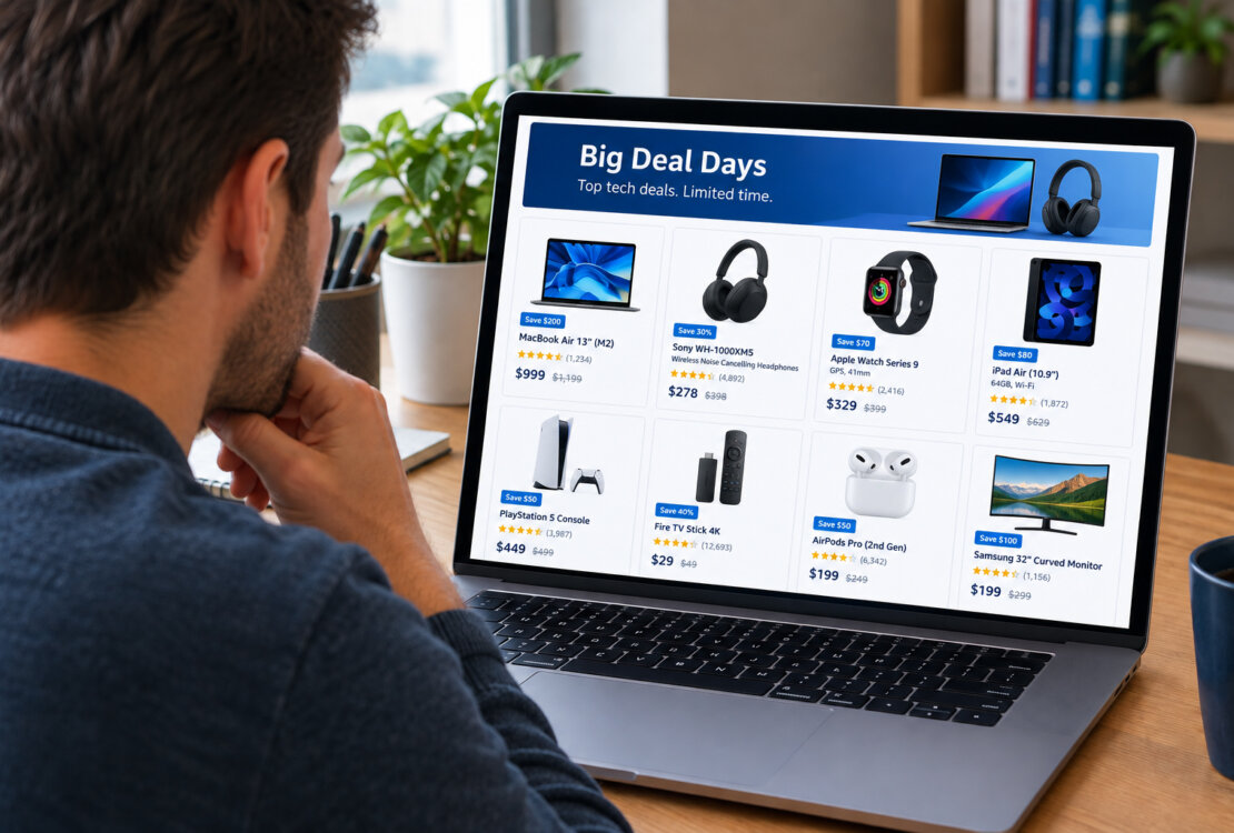 A man shopping on a tech site on his laptop.
