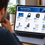 A man shopping on a tech site on his laptop.