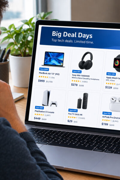 A man shopping on a tech site on his laptop.